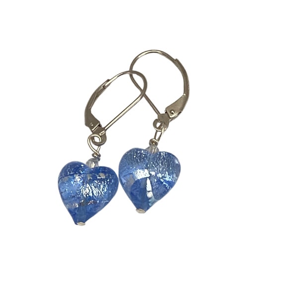 Petite Blue Heart Earrings, Murano Glass, Sterling Silver