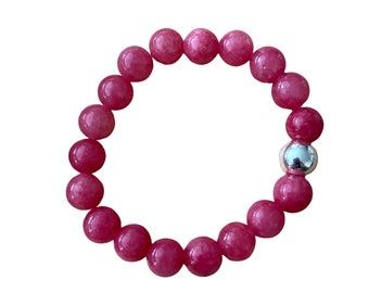 Pink Rhodochrosite Bracelet, Natural Gemstone and Sterling Silver Bead, Elastic