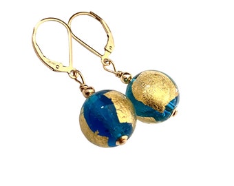 Boucles d'oreilles bleues perlées, verre de Murano avec or