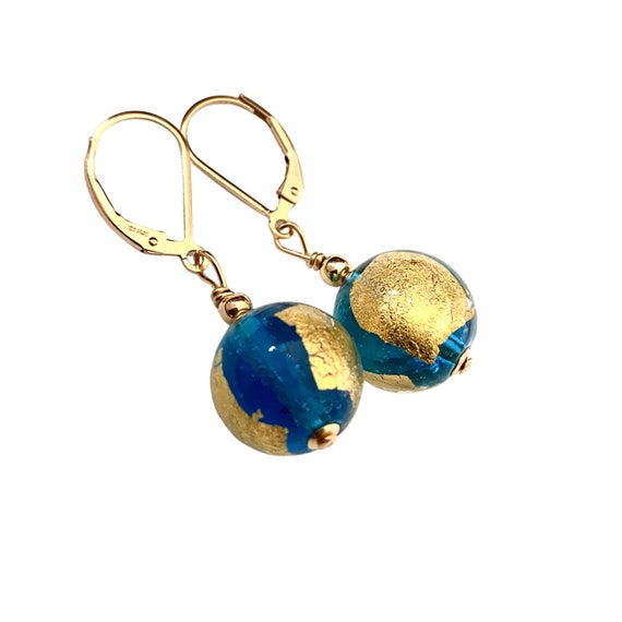 Aqua Gold Murano Glass Beaded Earrings: 14 KT Gold Filled Hooks