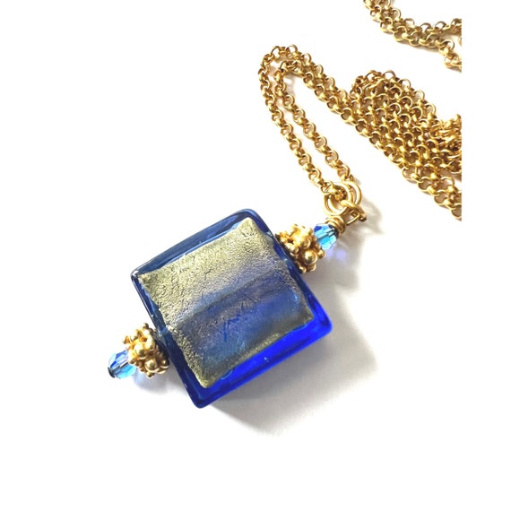 Golden Blue Murano Glass Pendant, Long Gold Sterling Silver Chain, Vintage Look