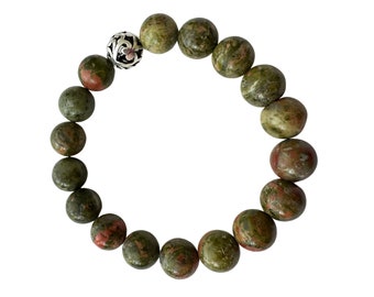 Green Unakite Bracelet, Men’s and Unisex Gemstone Bracelet, Sterling Silver