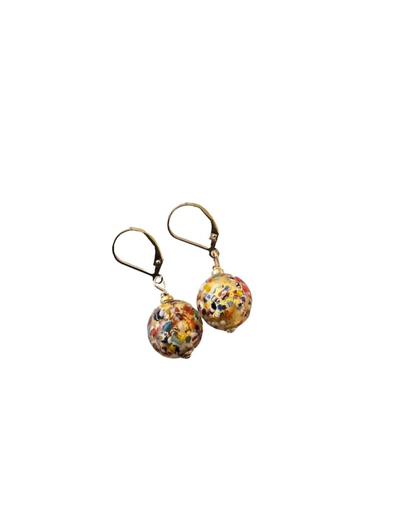 Gold Murano Glass Bead Earrings: Klimt Art Deco Style