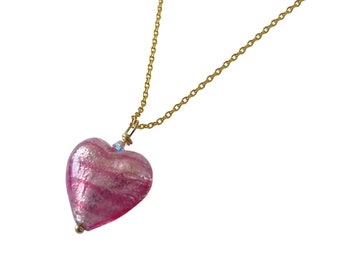 Pink Heart Necklace, Murano Glass Pendant, Minimalist