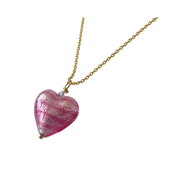 Pink Murano Glass Heart Pendant Necklace: Gold Sterling Chain