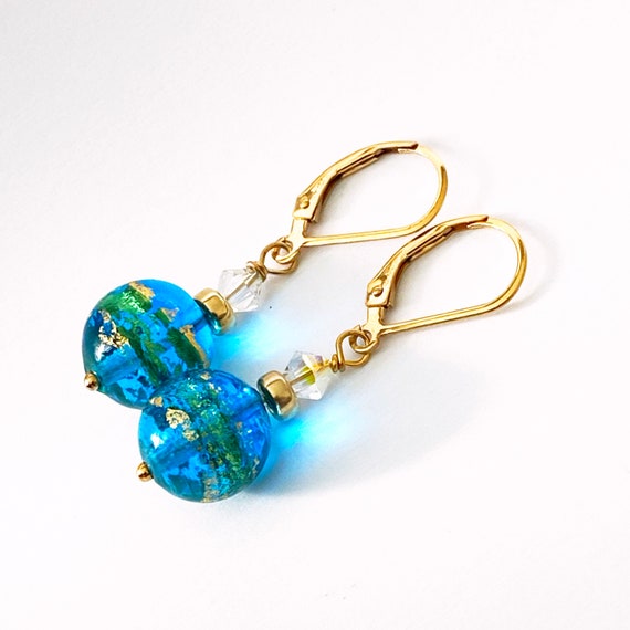 Blue Murano Glass Bead Earrings: 14K Gold Filled Hooks & Accents