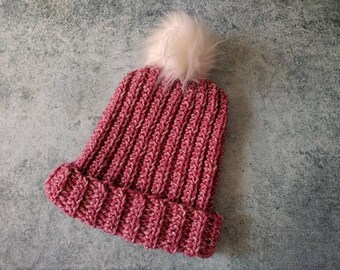 Child hat, pom pom hat, beanie, warm hat, kids hat, kids pom pom hat, cozy winter hat, Christmas gift, birthday gift, Pink, Ready to Ship