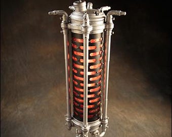 The Colchester Table Lamp: a handcrafted Dieselpunk accent light in Black and Nickel with Isinglass illumination