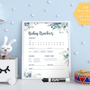 Rastreador de recém-nascido Boho | Quadro marcador de apagamento a seco personalizado para berçário | Alimentação, fraldas e sono | Download Digital Instantâneo | Tema Azul