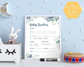Boho Newborn Tracker | Custom Dry Erase Marker Board for Nursery | Feedings, Diapers, & Sleep | Instant Digital Download | Blue Theme