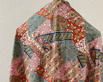 Vintage Fabric, 1970’s 80’s Red, Blue, Orange, Yellow All Over Print, Man’s Shirt Polyester Knit, Asian (?) Landscape (?)