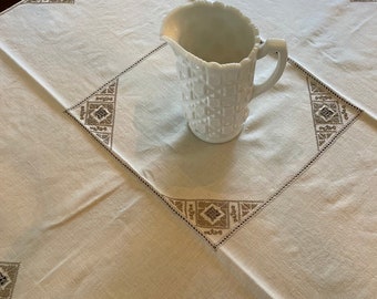 Vintage Tablecloth, Embroidery, Cutwork, Natural Linen, Ecru Never Used Table Topper Centerpiece Fancy Geometric Craftsman Mod
