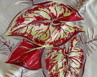 Vintage Tablecloth, Caladium Leaf, Calaprint, Grey and Red Cottagecore Garden Tag