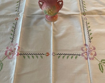 Vintage Embroidered Tablecloth, Wild Roses, Crisp Simple Floral Pastel Mother's Day, May Day Gift, Tea Cart Cottagecore