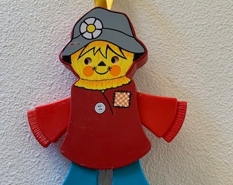1978 Crib Pull Toy, Scarecrow Red Turquoise, Eyes, Legs and Arms Move, Fisher Price #423