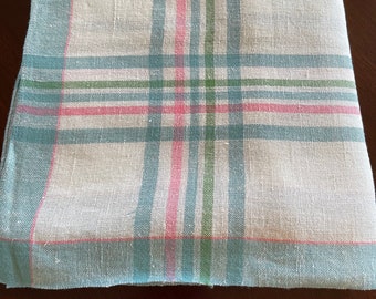 Vintage Tablecloth, Turquoise Pink & Green Plaid Border, Linen Farmhouse Kitchen Cottagecore Decor Easter Mother's Day Garden 66”