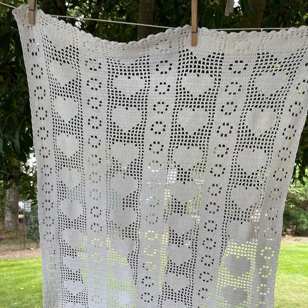 Vintage Crochet Curtain Panels, White, Heart Motif, Cafe and Long, Rod Casings, Also Two Pillow Covers, Cottage Core Shabby Chic Farmhouse