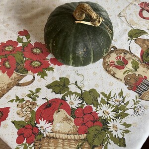 Vintage Tablecloth, Fruit Kitchenware, Toleware Fall Tones in Red & Moss Green Daisies, Corn Cottagecore