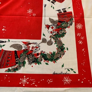 Vintage Christmas Tablecloth,  Francis Deardon TOWN HOUSE,  Angels, Trumpets, Swag, Designer Large  Snowflakes Designer  MCM Mod Mid Century