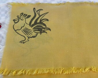 Three Vintage Butter Yellow Placemats, Rooster Chicken Black Self-Fringed Ready to Use! Kitchen