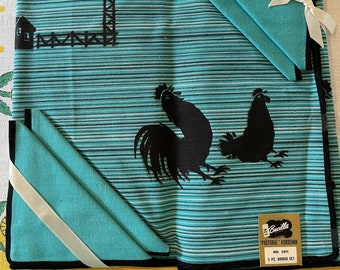 Vintage Tablecloth Bucilla Farm Barn Chickens Theme, Four Napkins, Turquoise and Black NIP MWT