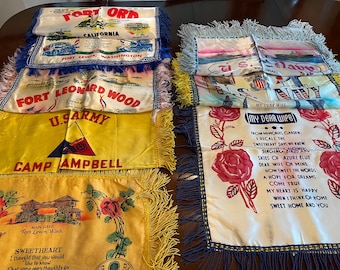 WWII US Army Sweetheart Souvenir Pillow Cover Flocked Satin, Blue