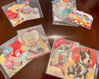 Groups of Vintage Valentine Cards Larger Sizes, Duck Chicken Soda Jerk, Dogs Train, Sold in Sets of Two, Moving Parts/Stand Up