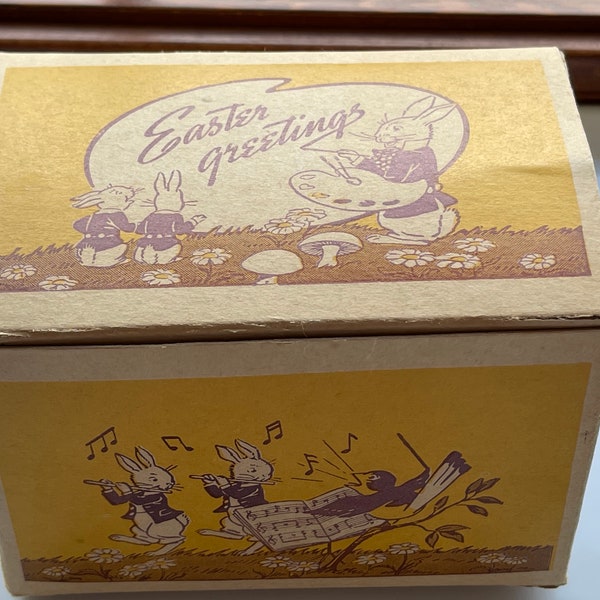 Vintage Easter Greetings Gift Box, Small, Bunnies Rabbits Birds Music Dancing, Yellow and Brown, Folds Flat Box No. 3A USA Decorations