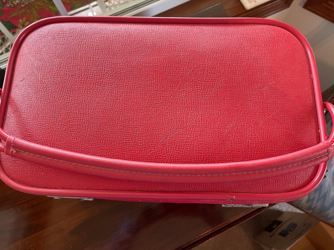 Vintage Cosmetic Train Case Suitcase Luggage, Red Strap Handle