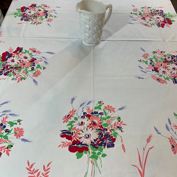 Vintage Tablecloth Wilendur, “Wildflower” Pattern, Red Border, Poppies, Daisies, Wheat Printed 88”