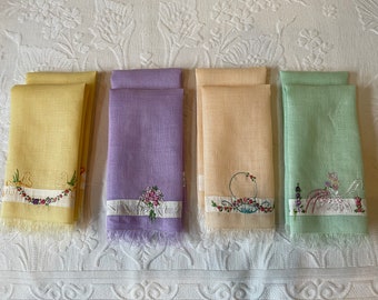 Eight Small Vintage Finger Tip Towels, Hand Towels Guest, Floral Embroidery Differs on EachColor, Napkins