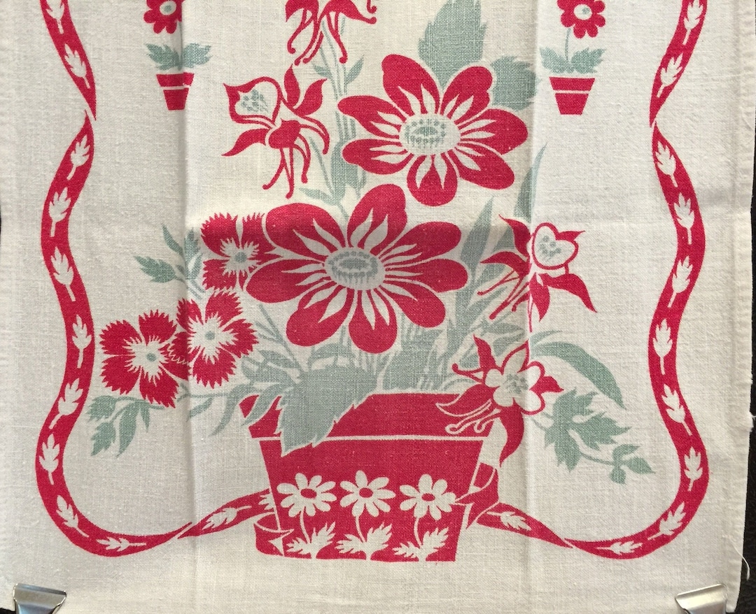Vintage Kitchen Towel, Vintage, Cotton, Red and Blue Flowers, Ribbon, Flower Pots, Springmaid ...