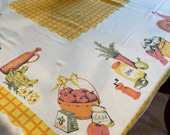 Vintage Tablecloth Kitchenware, Herbs Jam Jelly Mushrooms Chickens, Hen on a Nest, Simtex “Country Kitchen” Checks Plaid Cottagecore