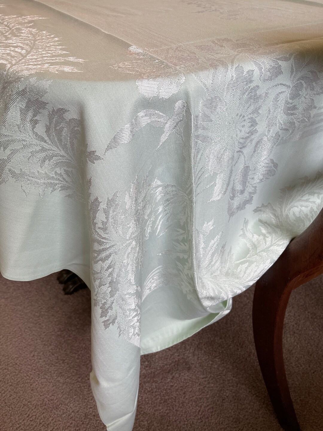Vintage Mint Green Damask Tablecloth, 98 Inches, 12 Napkins, Ferns