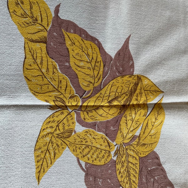 Vintage Tablecloth, Topper, Bold Yellow and Brown Leaves Print Smaller Bistro Table Size, Four Pattern Blocks Kitchen