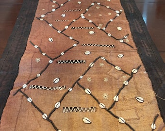 Vintage African Textile Art Panel, Wall Art Hanging, Kuba Cloth Earth Tones, Raffia, Shells Beads Hand Woven Boho Hippie