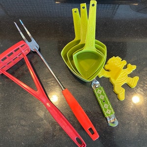 Vintage Cooking Utensils 1970’s Kitchen, Green Orange, Ecko, Foley Measuring Cups Punch Opener Meat Fork Masher, Corn Cob Holders & Ernie!