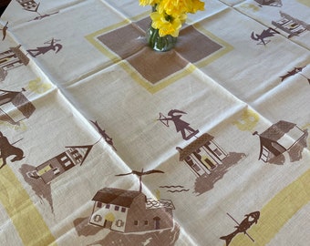 Vintage Tablecloth Broderie, Weathervanes Yellow and Brown, Farm Barns Church School House Home Village Rooster Fish Horse Native American