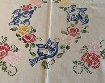 Vintage Embroidered Tablecloth, 84”, Blue Birds and Flowers, Cross Stitch, Cottagecore, Garden, Could be used as a curtain.