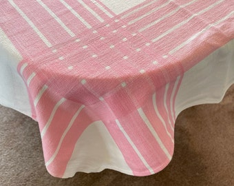 Vintage Tablecloth, Damask with Pink Stripe Border, Early, Excellent Condition Cottagecore, Mother’s Day Gift, Easter