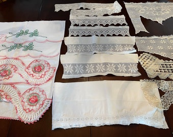 Crafter’s Pack, Vintage Crochet Embroidered Trim, Wider, 14 Pieces, Pink and Shades of White, Width and Length Vary, All Hand Crocheted Done