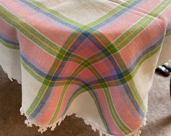 Vintage Tablecloth, Pale Plaid Blue Pink Green Yellow Lilac,  Lace Trim Farmhouse Kitchen Cottagecore Decor Easter Mother's Day Garden