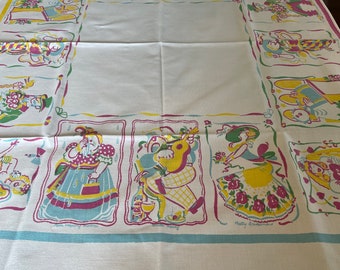 Vintage Tablecloth, Topper, Wedding Participants! 1950s Humor, Gift for Bride, Wedding Decor, Shower Signed Designer Fodor Dewan Turquoise