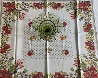 Vintage Tablecloth Orange, Moss Green and Yellow Flowers Print Softer Tones, Head Scarf or Neck Scarf Cozy Cottagecore Decor Earth Tones