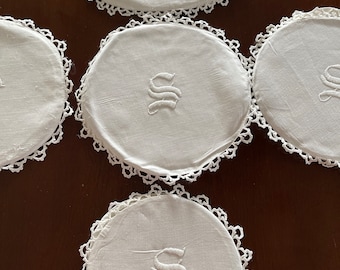 Five Vintage Trivets, Linen and Crochet Monogram “S”, Elegant Hot Pads Table Protectors, Tea Pot Trivets, Inserts Cottagecore