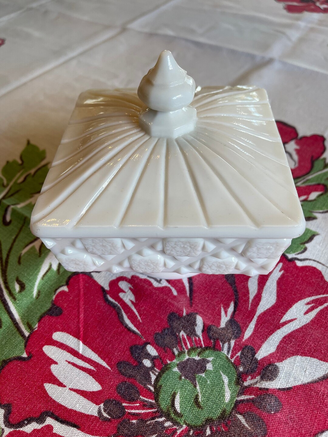Vintage Milk Glass Candy Dish, Lid Square Footed Westmorland, Quilt