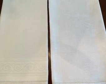 Two Vintage Hand Towels, White Damask and Huckaback