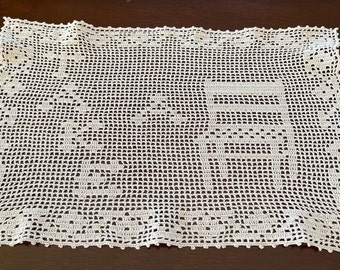 Vintage Doily, Mat, Chair Back Cover, Filet Crochet, “Take a Seat”, Off White