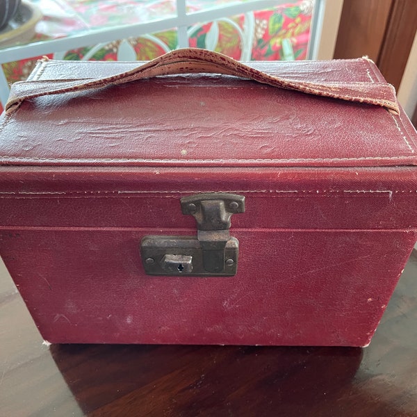 Deep Red Vintage Cosmetic Train Case Suitcase Luggage, Toiletries