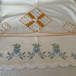 Vintage Double Width, Pillow Case, Your Choice,Two Pillows or Lay-over Style,  White with Gold Geometric or Blue Floral Embroidery